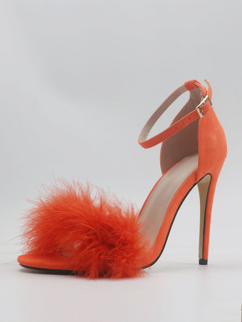 レディース ヒール サンダル オープントゥ フェイクファー ディテール スティレットヒール サンダル