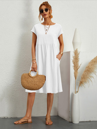 ホワイト シフトドレス 半袖 カジュアル ジュエルネック ハンターグリーン チュニックドレス