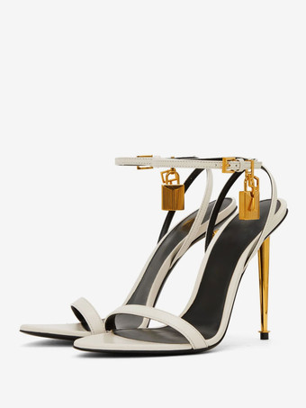 ホワイト レディース アンクル ストラップ スティレットヒール サンダル ゴールド プロムシューズ ロック付き