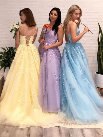 イエロープロムドレスラベンダー A ライン V ネック ノースリーブ レースアップ バックレス クロス ロング レース パーティー ドレス 結婚式のゲストドレス 無料カスタマイズ