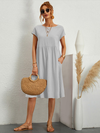 グレイシフトドレス 半袖 カジュアル ジュエルネック ハンターグリーン チュニックドレス