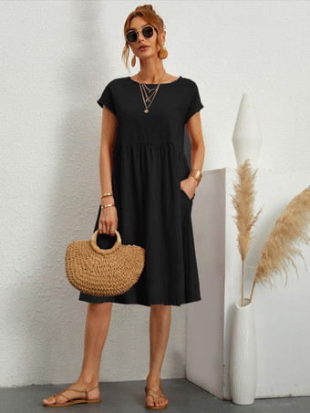 ブラック シフトドレス 半袖 カジュアル ジュエルネック ハンターグリーン チュニックドレス