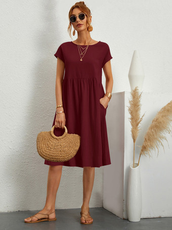 ワインレッド シフトドレス 半袖 カジュアル ジュエルネック ハンターグリーン チュニックドレス