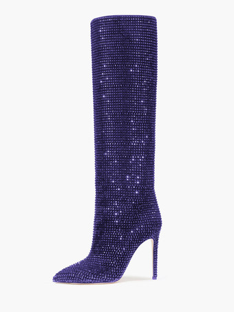 Botas de tacón alto con pantorrilla ancha para mujer  botas hasta la rodilla con punta estrecha y diamantes de imitación  zapatos de fiesta sexys