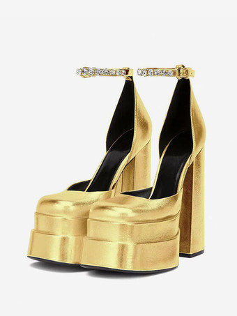 dorado Tacones de plataforma plateados Zapatos de fiesta metálicos con punta cuadrada y tacón grueso con correa en el tobillo para mujer