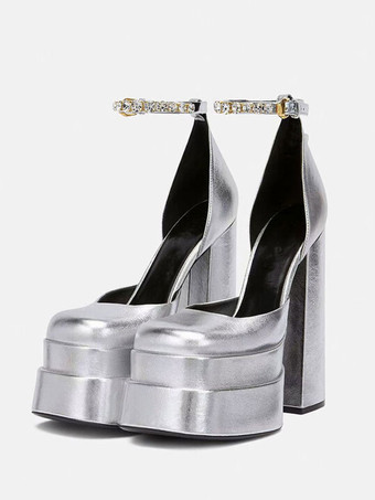 Silver Platform Heels Metallic Women Squared Toe Chunky Heel Ankle Strap Party Shoes