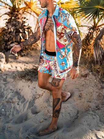 Men's Activewear 2-Piece Printed Short Sleeves Turndown Collar Blue