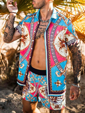 Blue Men's Activewear 2-Piece Printed Short Sleeves Turndown Collar Blue