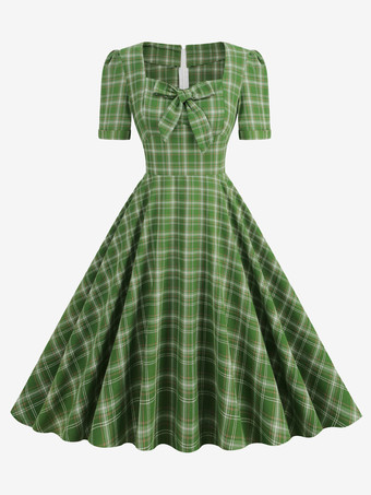 ヴィンテージドレスレッドチェック柄1950年代オードリーヘップバーンスタイル弓半袖恋人ネックミディアムスイングドレス