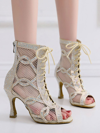 ラテンダンスシューズピンクののぞき見つま先ラインストーン社交ダンスシューズ