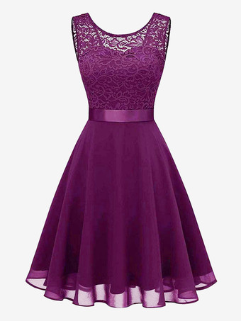 パープル レトログラマードレス 1950年代 オードリー ヘップバーン スタイル ジュエルネック リボン レイヤード ノースリーブ ミディアム ピンク ロカビリードレス