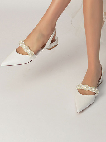 女性のブライダルシューズ真珠スパンコール布先のとがったつま先フラットブライダルシューズ