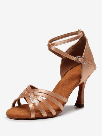 ライトピンクラテンダンスシューズコーヒーブラウンのぞき見つま先スティレットヒールサテン社交ダンスラテンシューズ