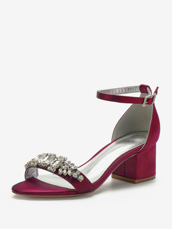 Color borgoñaZapatos de novia del dedo del pie en punta con cierre de tiras Chunky de tacón zapatos de boda blanco satinado Rhinestones