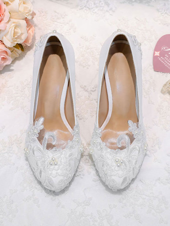 ホワイトウェディングシューズPUレザーパールラウンドトゥスチレットヒールスリップオンブライダルヒール