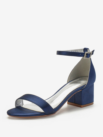 ディープブルーウェディングシューズサテンホワイトポインテッドトゥのラインストーンChunlyヒールミッドアンクルストラップブライダルシューズ