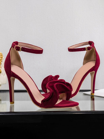 ヒールサンダルバーガンディスティレットヒールオープントゥスエードナップアンクルストラップシャーリングハイヒールシューズ