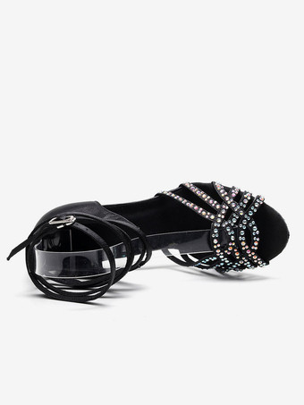 女性用 社交ダンスラテンシューズ 絹織物 オープントゥ ハイヒール ピンヒール ブラック ラインストーン ラグジュアリー サルサダンスシューズ