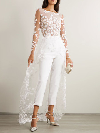 ホワイトホワイトのシンプルなウェディングジャンプスーツ ジュエルネック 長袖 レース Aライン ブライダルジャンプスーツ 無料カスタマイズ