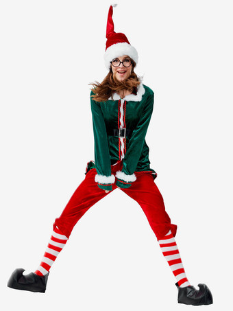 サンタコスプレ衣装 女性用 グリーン トップス アンクレット チョーカー 帽子 サッシュベルト パンツ クリスマス 大人用 ポリエステル コスチューム ホリデーコスチューム