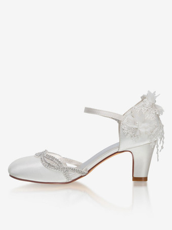 Elfenbein Hochzeitsschuhe Satin Elfenbein Runde Zehe Strasssteine Chunky Heel Mid Brautschuhe