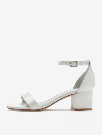 ウェディングシューズサテンホワイトポインテッドトゥのラインストーンChunlyヒールミッドアンクルストラップブライダルシューズ