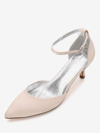 シャンパンカラー靴　花嫁用　ポインテッドトゥ　キトンヒール　エレガント　シルクとサテン　