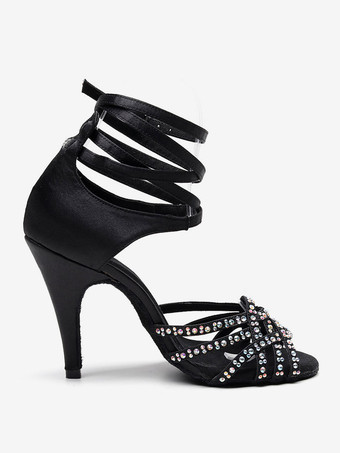 女性用 社交ダンスラテンシューズ 絹織物 オープントゥ ハイヒール ピンヒール ブラック ラインストーン ラグジュアリー サルサダンスシューズ