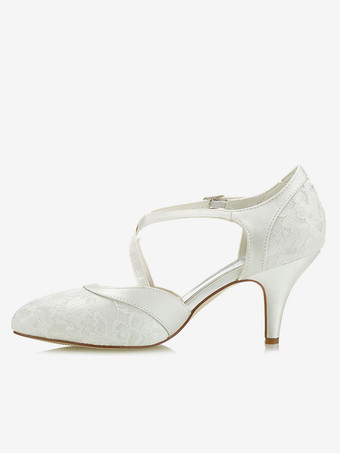 Lace Weddung Shoes Kitten Heel Pointed Toe T Type Buckle Detail Bridal Shoes Vintage Wedding Shoes