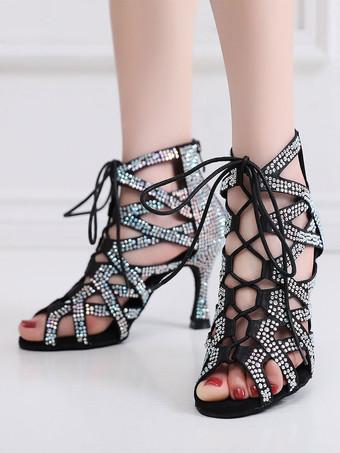 ラテンダンスシューズシルクとサテンブルーのぞき見つま先ラインストーンブラックダンスシューズ