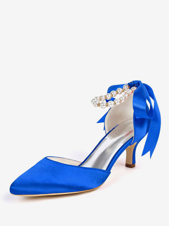 Azul franciaZapatos de novia de satén Zapatos de Fiesta de tacón de kitten Zapatos Color de uva Zapatos de boda de puntera puntiaguada 6cm con perlas