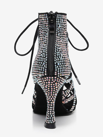 ラテンダンスシューズシルクとサテンブルーのぞき見つま先ラインストーンブラックダンスシューズ