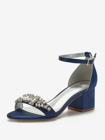 azul oscuro Zapatos de novia del dedo del pie en punta con cierre de tiras Chunky de tacón zapatos de boda blanco satinado Rhinestones