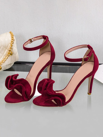 ヒールサンダルバーガンディスティレットヒールオープントゥスエードナップアンクルストラップシャーリングハイヒールシューズ