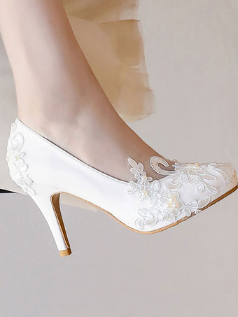 ホワイトウェディングシューズPUレザーパールラウンドトゥスチレットヒールスリップオンブライダルヒール