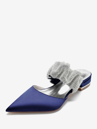 ディープブルー女性の結婚式の靴ラインストーンサテン先のとがったつま先フラットブライダルシューズ