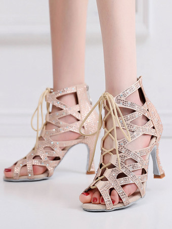 ラテンダンスシューズシルクとサテンブルーのぞき見つま先ラインストーンブラックダンスシューズ