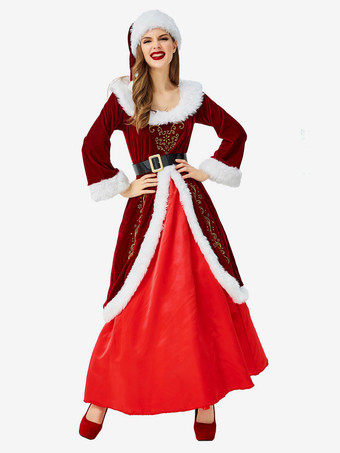 サンタコスプレ衣装 女性用 レッド 帽子 サッシュベルト ドレス クリスマス 大人用 ポリエステル コスチューム ホリデーコスチューム