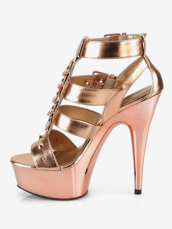 ハイヒールセクシーサンダルブラックPUレザーピープトゥグラディエーターセクシープラットフォームサンダル ポールダンスシューズ