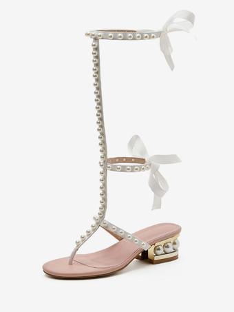 Botas de verano blancas Sandalias con cordones de cuero de PU con perlas de tacón grueso y punta redonda