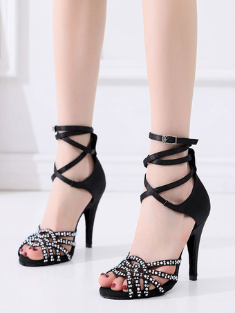 女性用 社交ダンスラテンシューズ 絹織物 オープントゥ ハイヒール ピンヒール ブラック ラインストーン ラグジュアリー サルサダンスシューズ