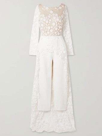 ホワイトのシンプルなウェディングジャンプスーツ ジュエルネック 長袖 レース Aライン ブライダルジャンプスーツ 無料カスタマイズ