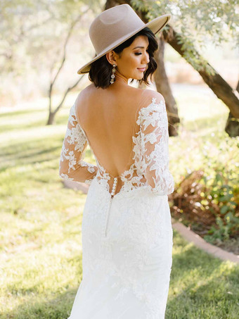 エクリュホワイトマーメイドウェディングドレスイリュージョンネックラインロングスリーブバックレスレース、トレインブライダルドレス