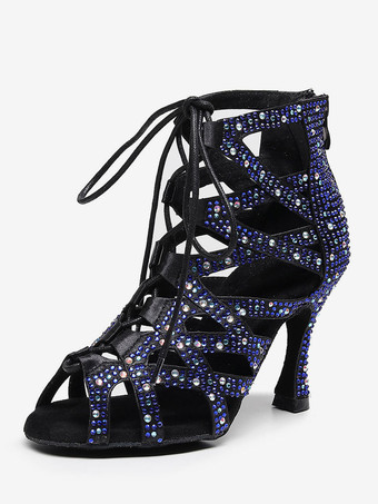 ブルー ラテンダンスシューズシルクとサテンブルーのぞき見つま先ラインストーンブラックダンスシューズ