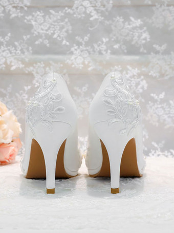 ホワイトウェディングシューズPUレザーパールラウンドトゥスチレットヒールスリップオンブライダルヒール