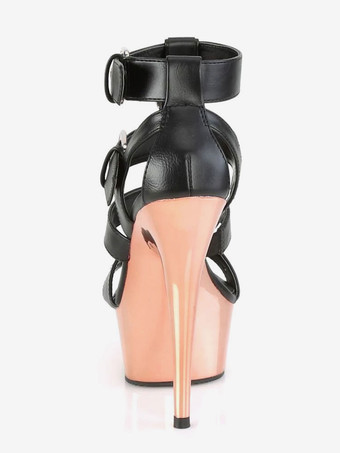 ハイヒールセクシーサンダルブラックPUレザーピープトゥグラディエーターセクシープラットフォームサンダル ポールダンスシューズ