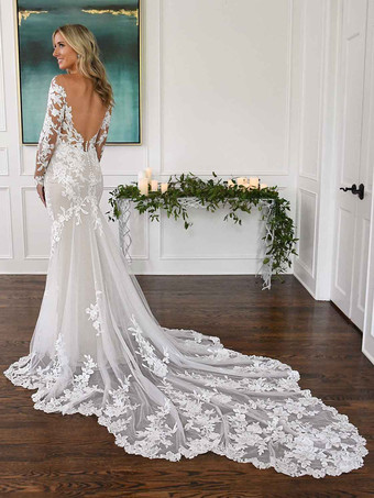 エクリュホワイトマーメイドウェディングドレスイリュージョンネックラインロングスリーブバックレスレース、トレインブライダルドレス