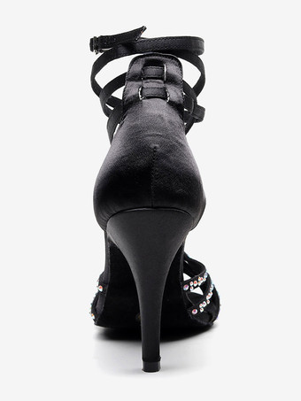 女性用 社交ダンスラテンシューズ 絹織物 オープントゥ ハイヒール ピンヒール ブラック ラインストーン ラグジュアリー サルサダンスシューズ