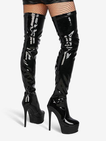 オーバーザニーブーツブラックラウンドトゥブライトレザープラットフォームウィンターブーツ女性ハイヒールサイハイブーツ