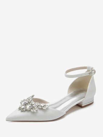Bianco Scarpe da sposa da donna Strass Paillettes Stoffa a punta Scarpe da sposa piatte